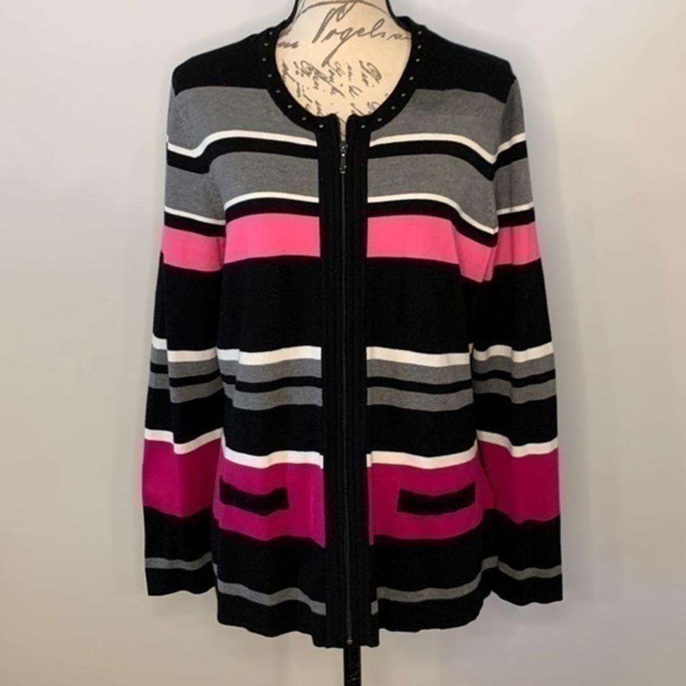 Canda striped stretch knit zip front cardigan sweater L